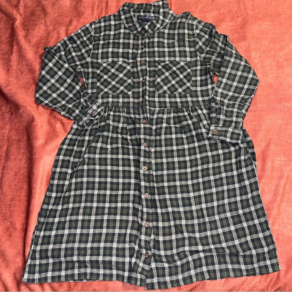 Vintage 90s J.C. Hook Green & Black Plaid Button-Front Shirt Dress